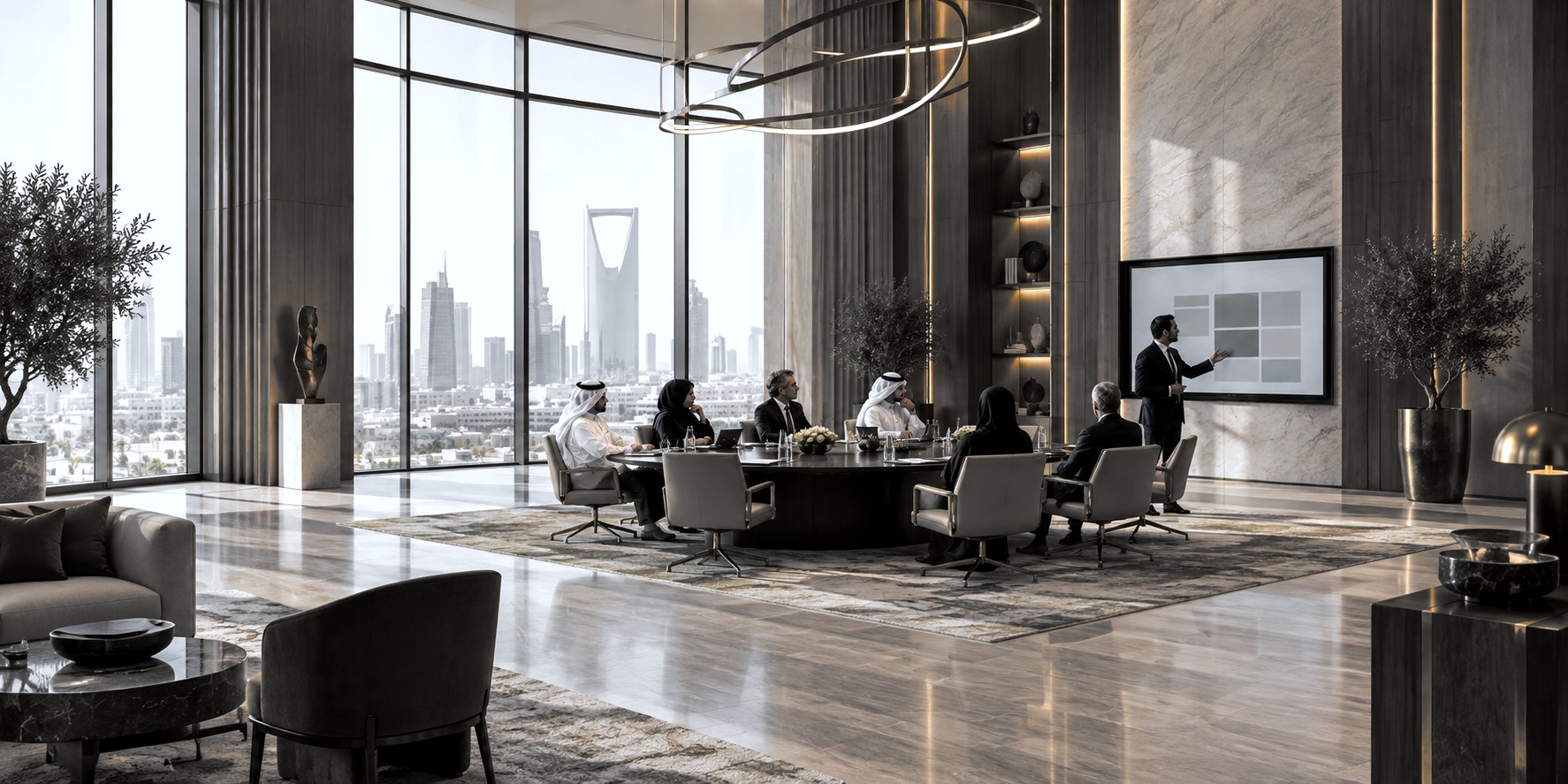 A round-table session in a Riyadh boardroom, a presentation under way